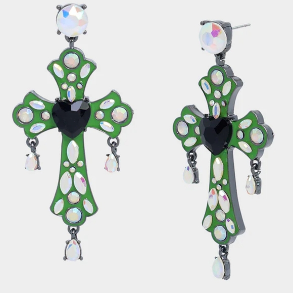 NWT Betsey Johnson Ghoul Friends Stone Cross Drop Earrings Glow in the Dark - Picture 6 of 6